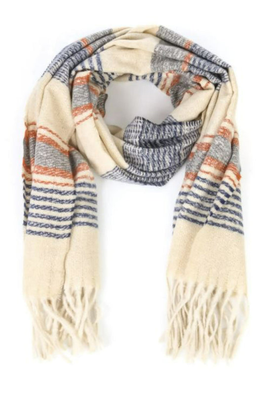 Stripe Pattern Oblong Fringe Scarf