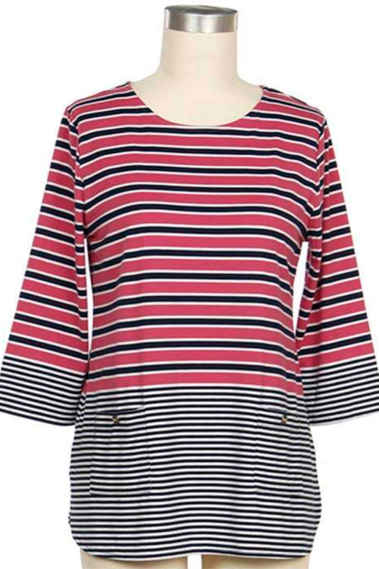 Striped 3/4 sleeve top, rounded hem and front pockets.