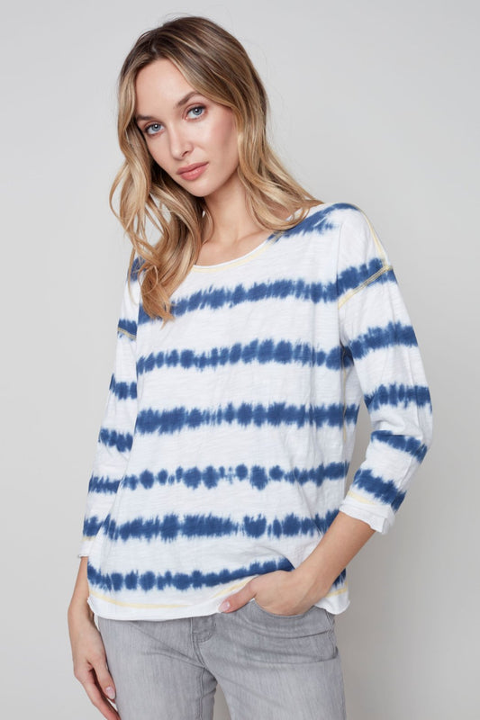 Striped 3/4 sleeves round neck smile patch top