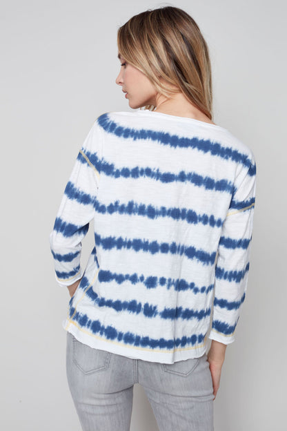 Striped 3/4 sleeves round neck smile patch top