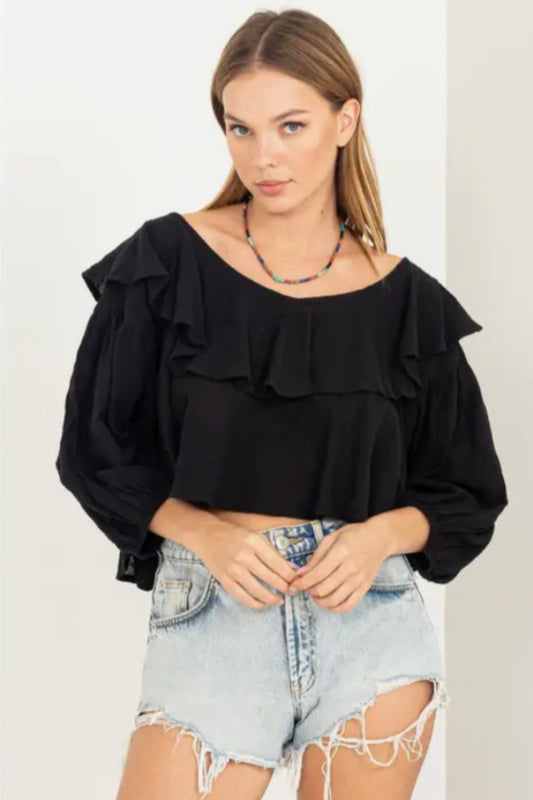 Sweetie Ruffled Three Quarter Sleeve Crop Top