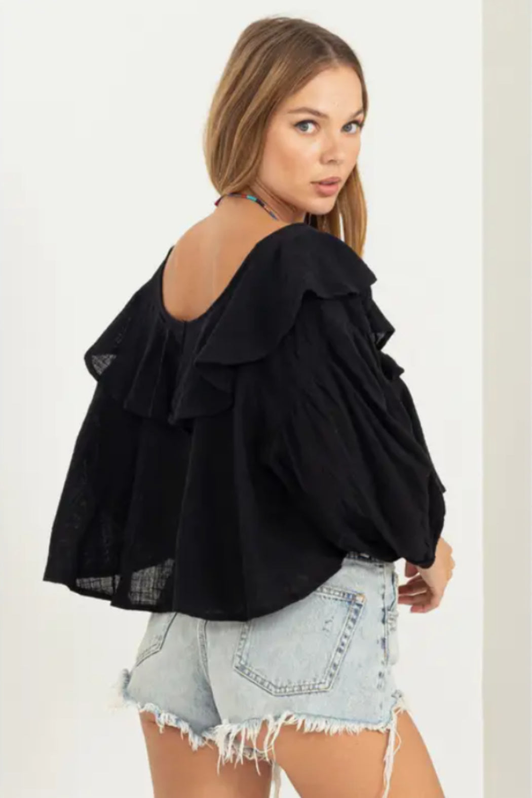 Sweetie Ruffled Three Quarter Sleeve Crop Top