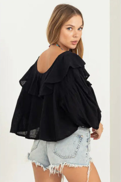 Sweetie Ruffled Three Quarter Sleeve Crop Top