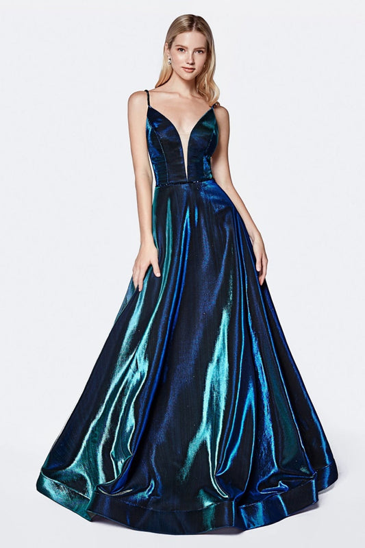 Teal Metallic Iridescent Long Formal Dress