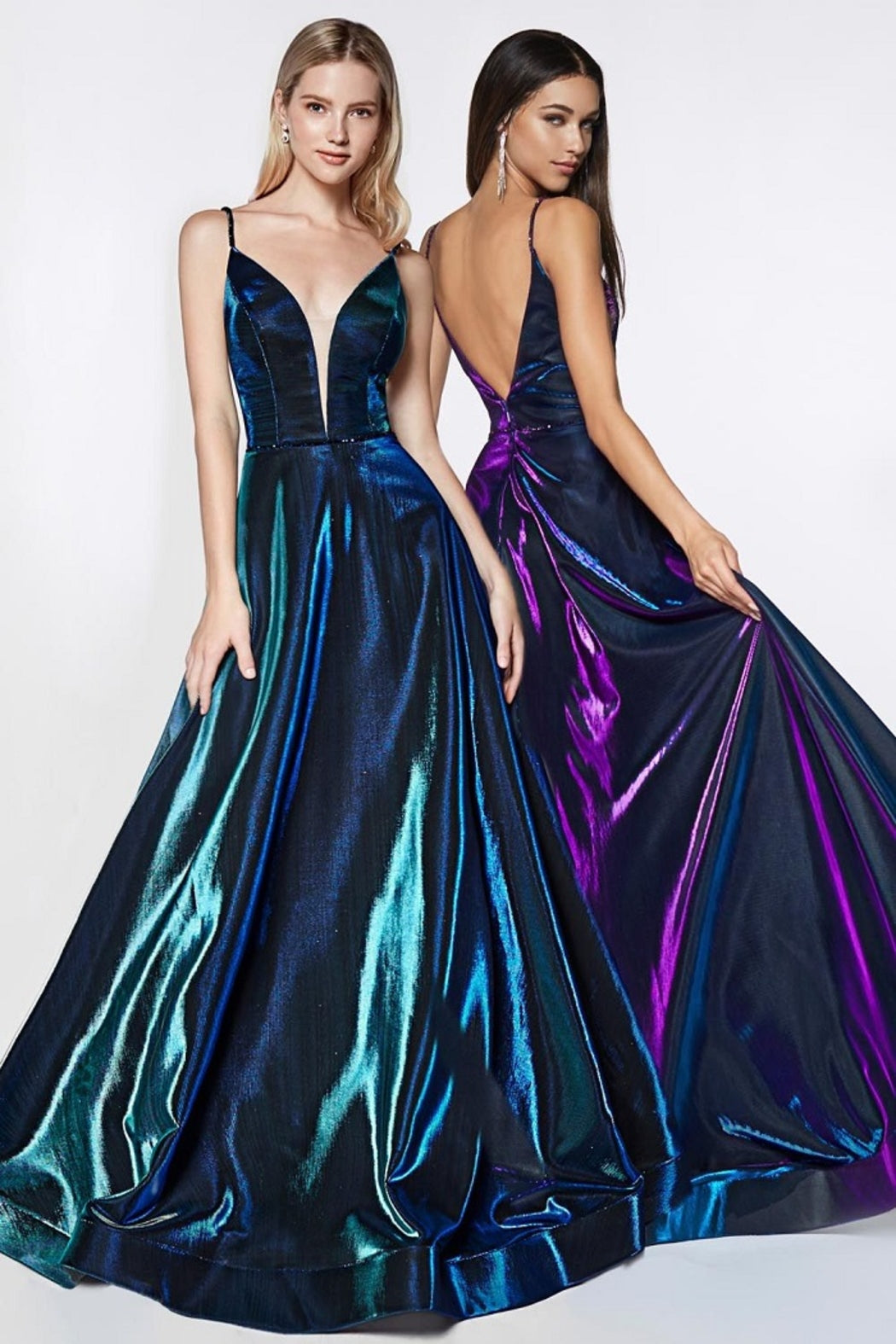Teal Metallic Iridescent Long Formal Dress