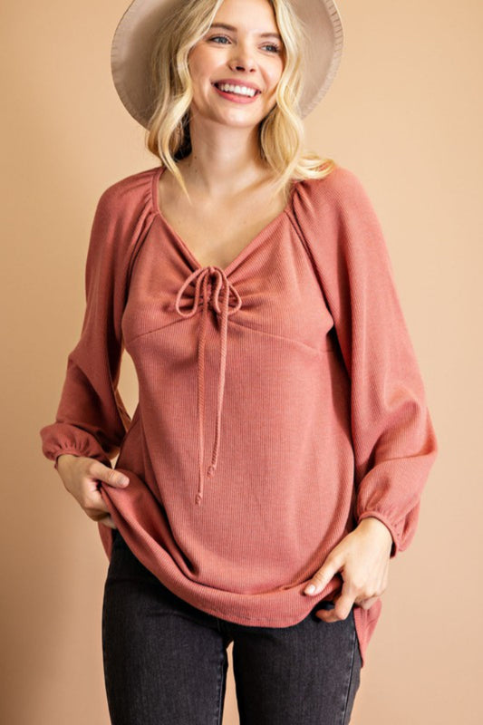 Thermal Knit Top with Ruched Chest