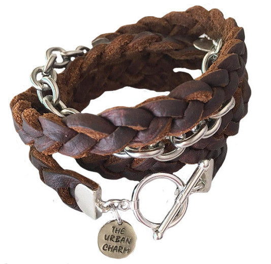 Brown Braided Four Wrap Genuine Leather Bracelet