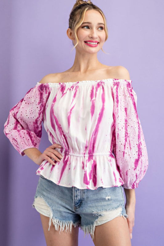 Tie Dye Eyelet Off Shoulder Top