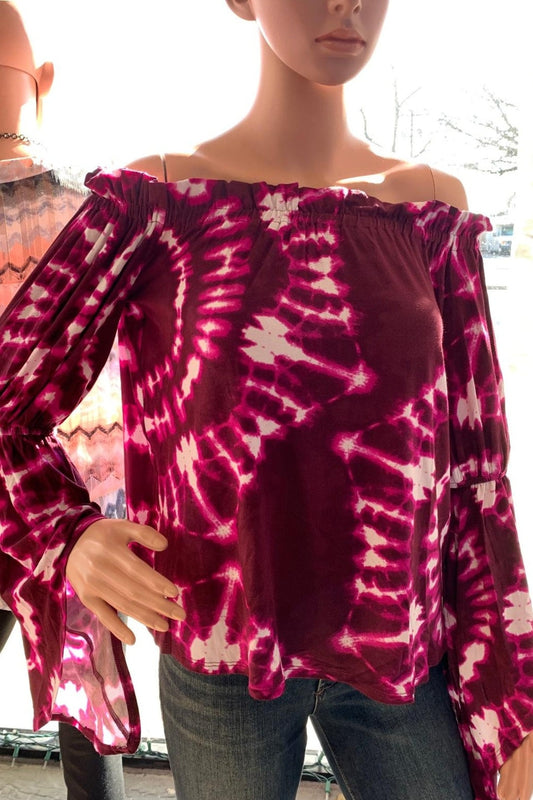 Tie Dye Flare Sleeve Off Shoulder Top