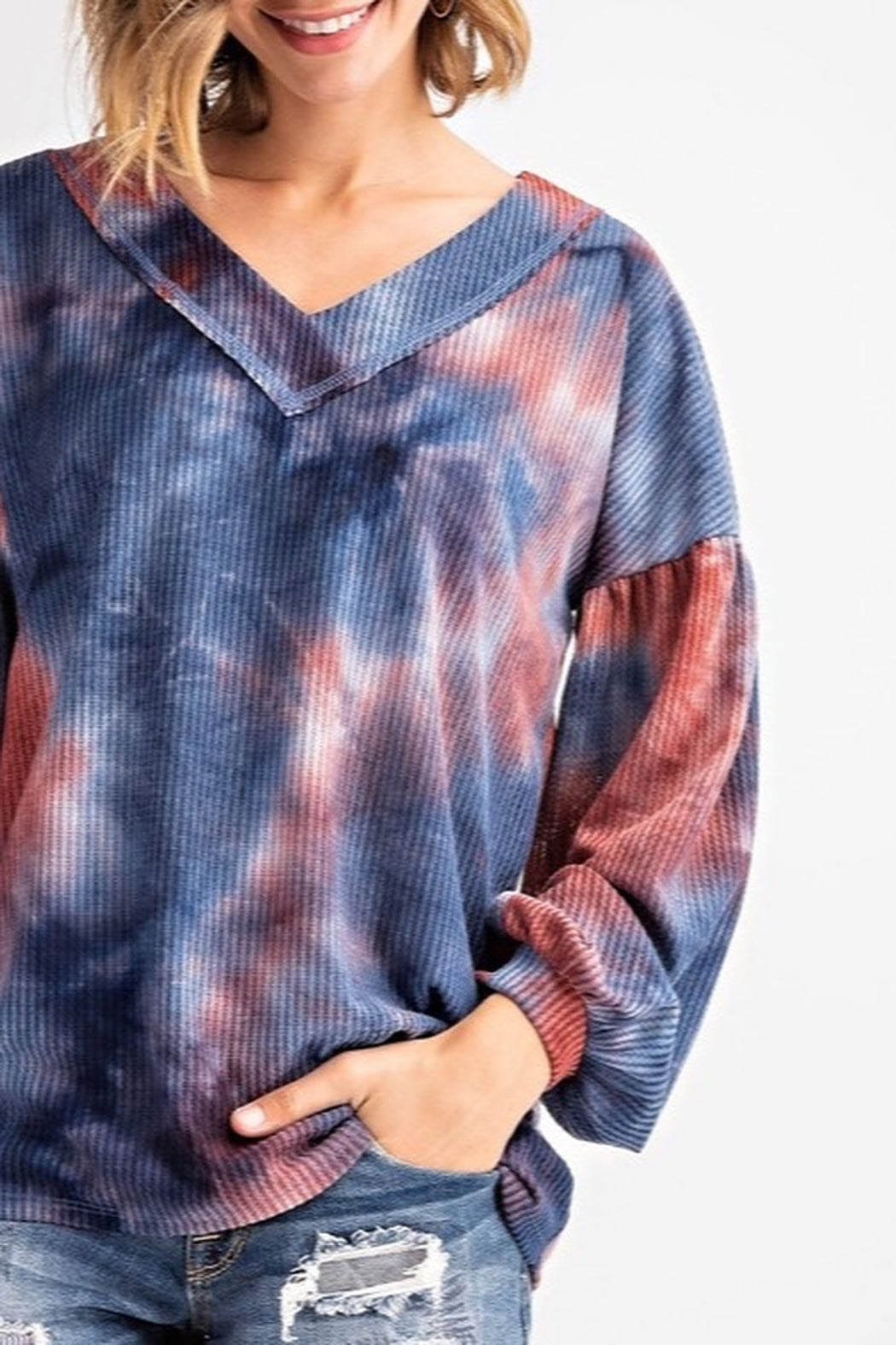 Tie Dye V Neck Waffle Top