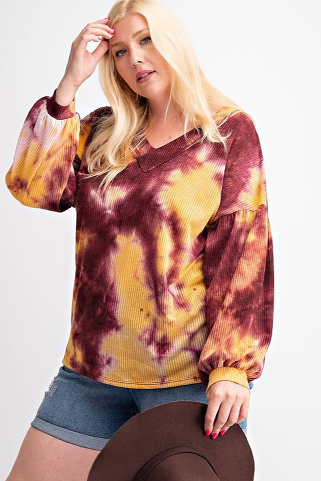 Tie Dye V Neck Waffle Top