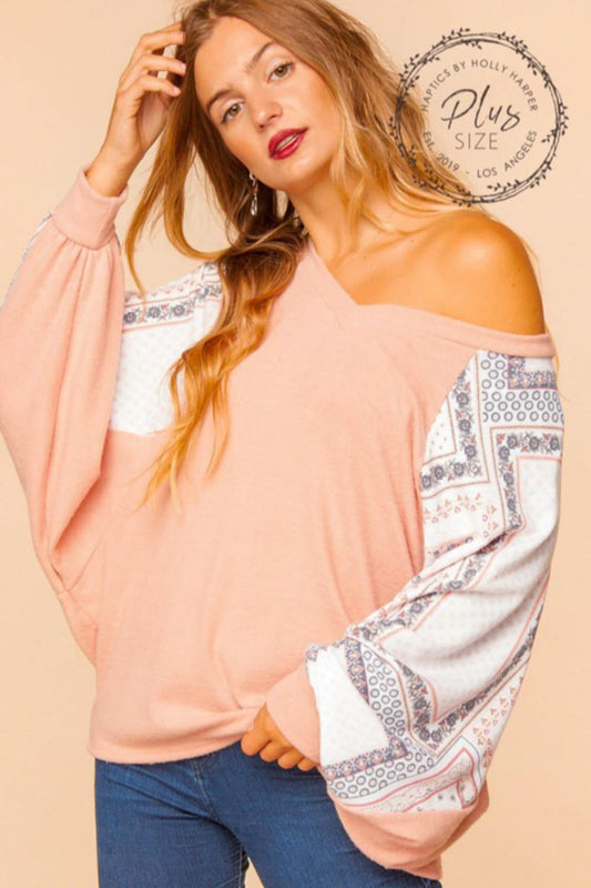 V Neck Hacci Patchwork Sleeve Top