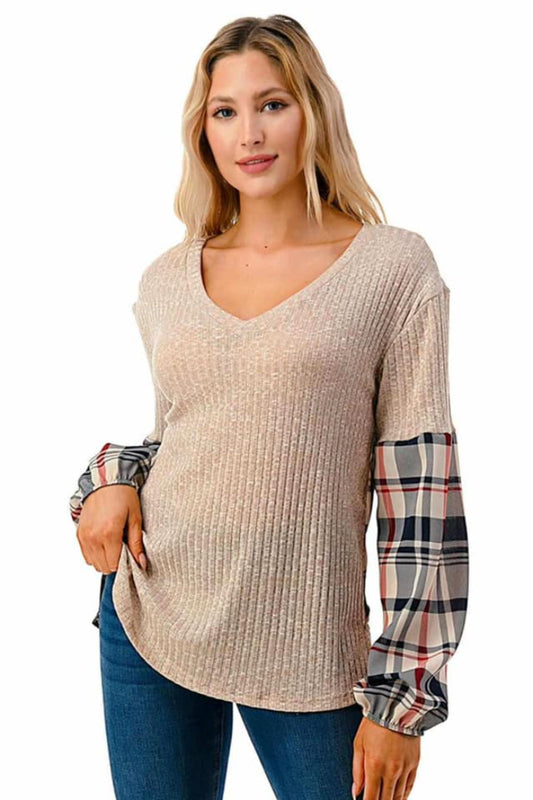 V Neck Plaid Sleeve Shirt