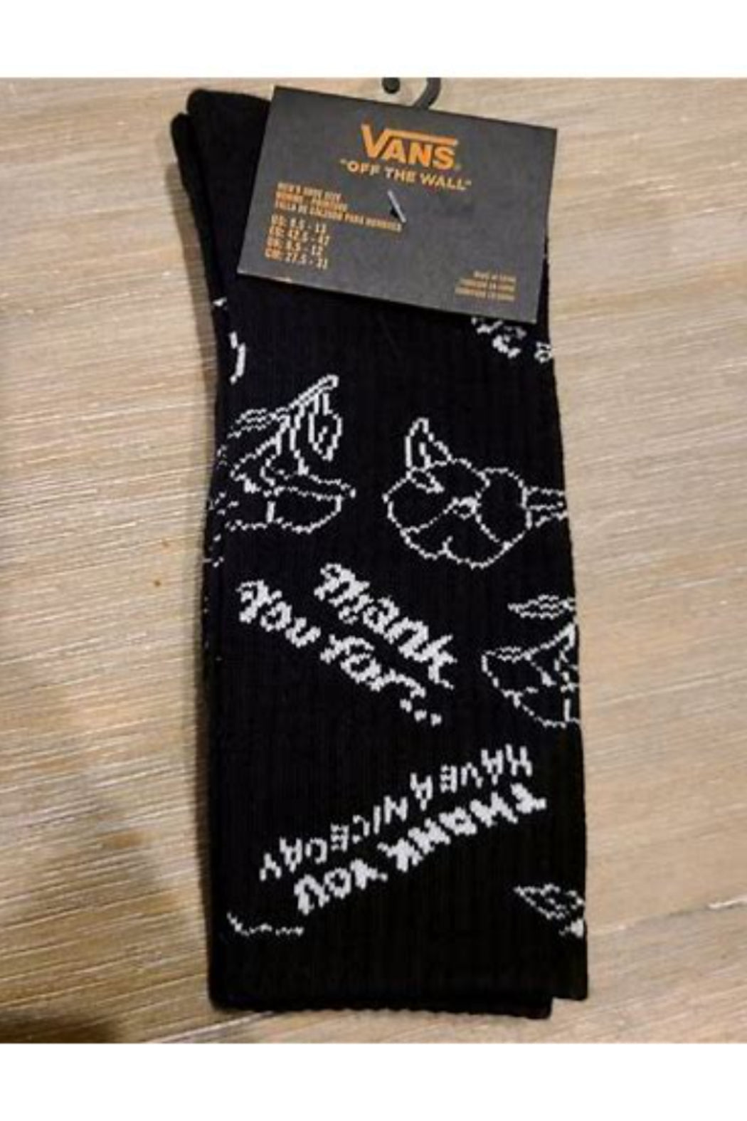 vans Black White thank You Have A Nice Day Writing Crew Socks (One Pair) Men's Shoe Size 9.5 - 13