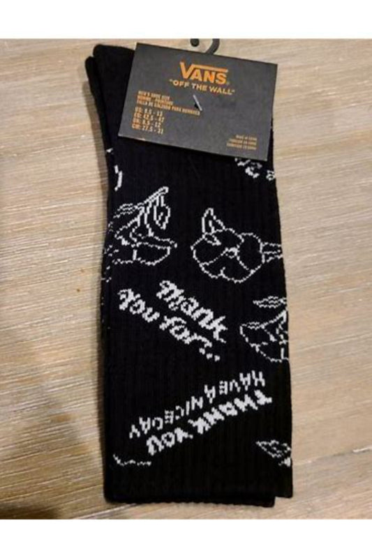 vans Black White thank You Have A Nice Day Writing Crew Socks (One Pair) Men's Shoe Size 9.5 - 13