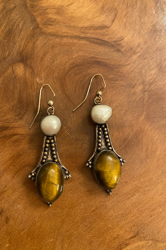 Vintage Sterling Silver Tiger Eye and Mabe Pearl Dangle Earrings