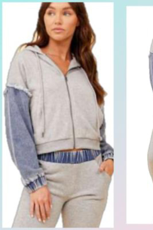 Washed Denim and Fleece Combo Zip Up