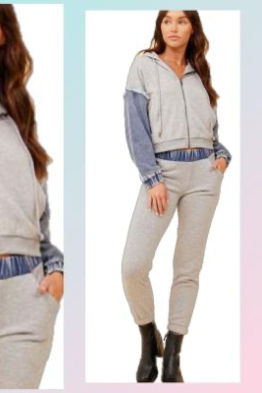 Washed Denim and Fleece Combo Zip Up