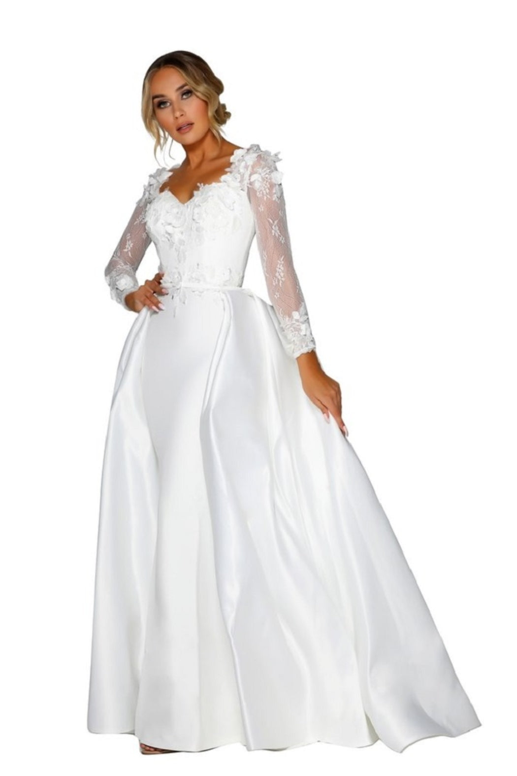 White 3D Lace Fit & Flare Bridal Gown With Train
