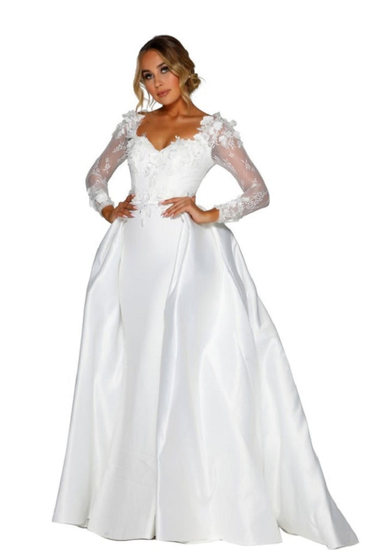 White 3D Lace Fit & Flare Bridal Gown With Train