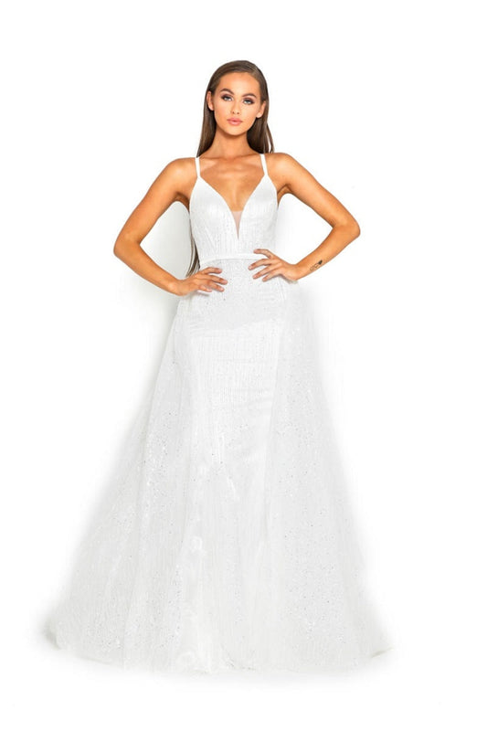 White Glitter Fit & Flare Bridal Gown With Detachable Train