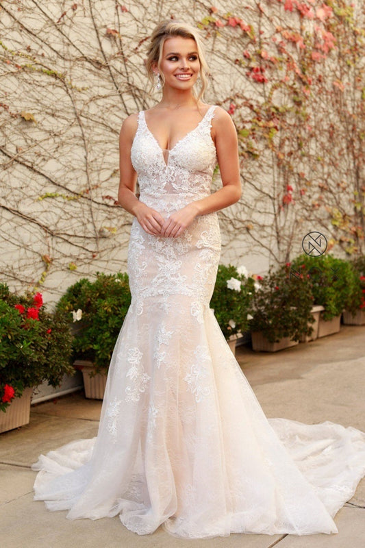 White & Nude Lace Fit & Flare Bridal Gown
