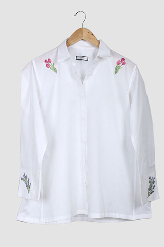 White Oversized Lightweight Embroidered Shirt