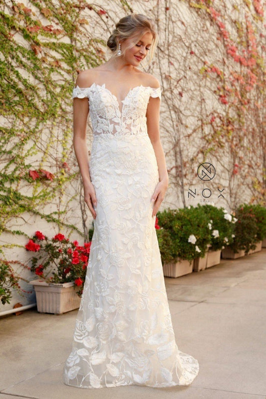 White Rose Embroidered Off Shoulder Bridal Gown