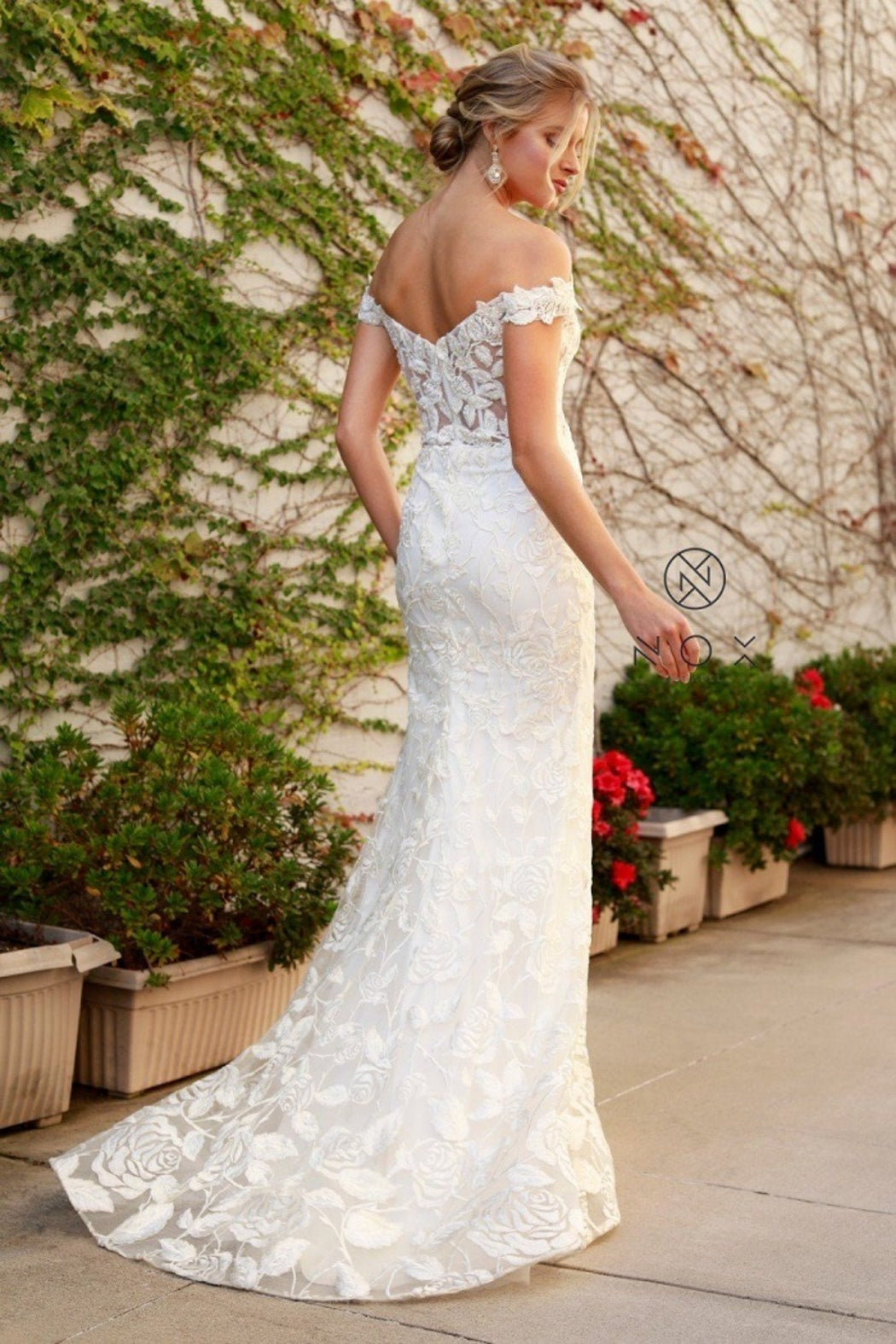 White Rose Embroidered Off Shoulder Bridal Gown