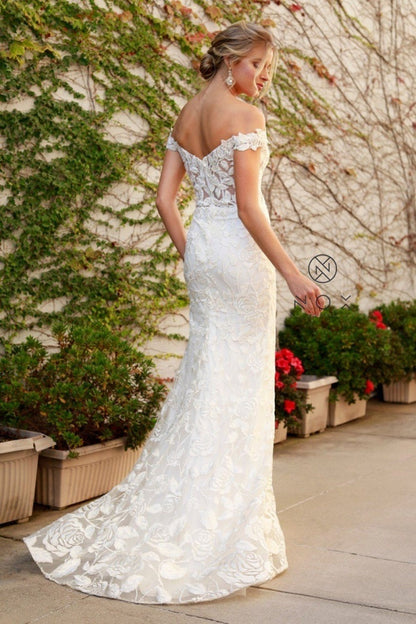 White Rose Embroidered Off Shoulder Bridal Gown