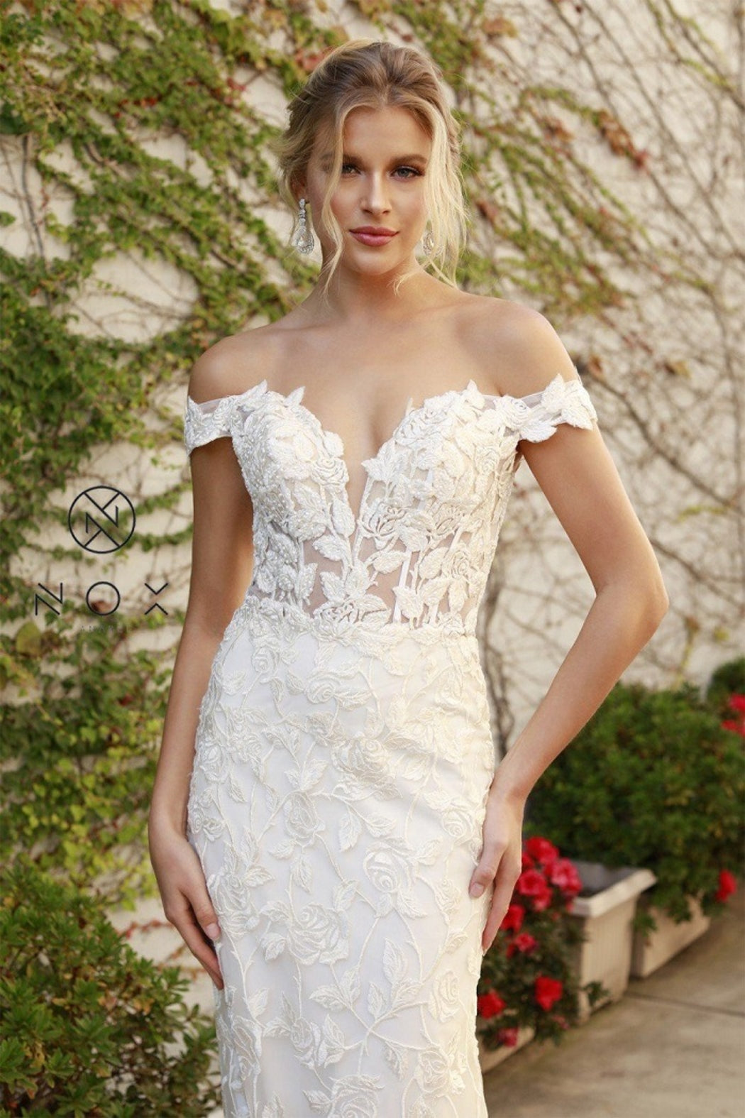 White Rose Embroidered Off Shoulder Bridal Gown