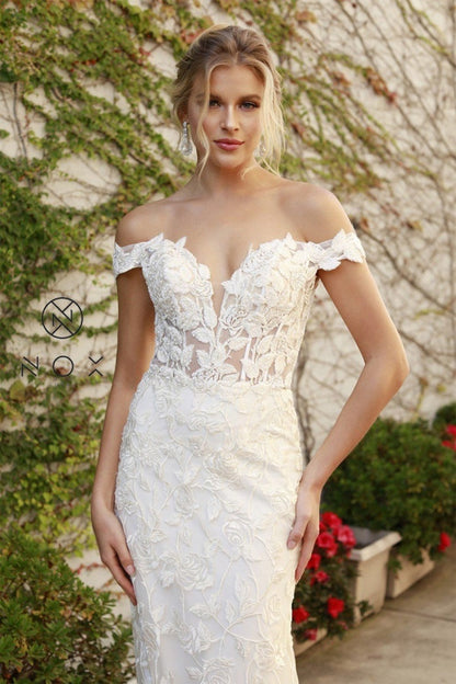 White Rose Embroidered Off Shoulder Bridal Gown