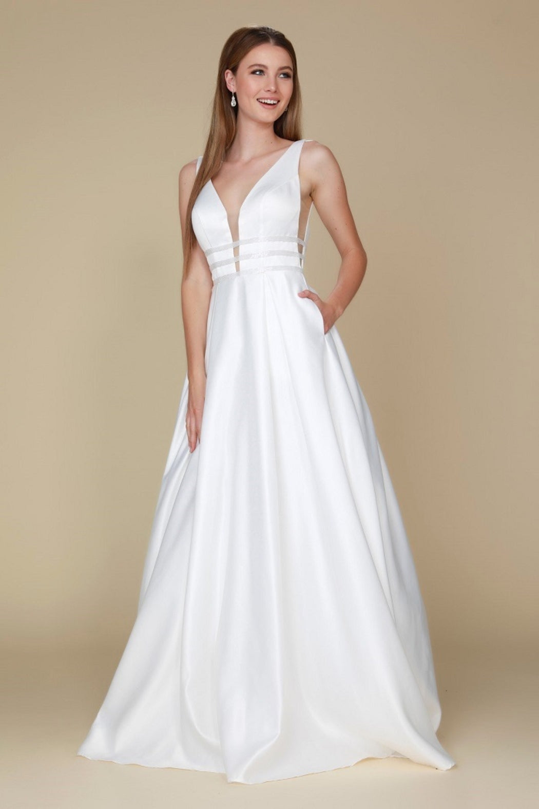 White Triple Waistband Satin Bridal Ball Gown