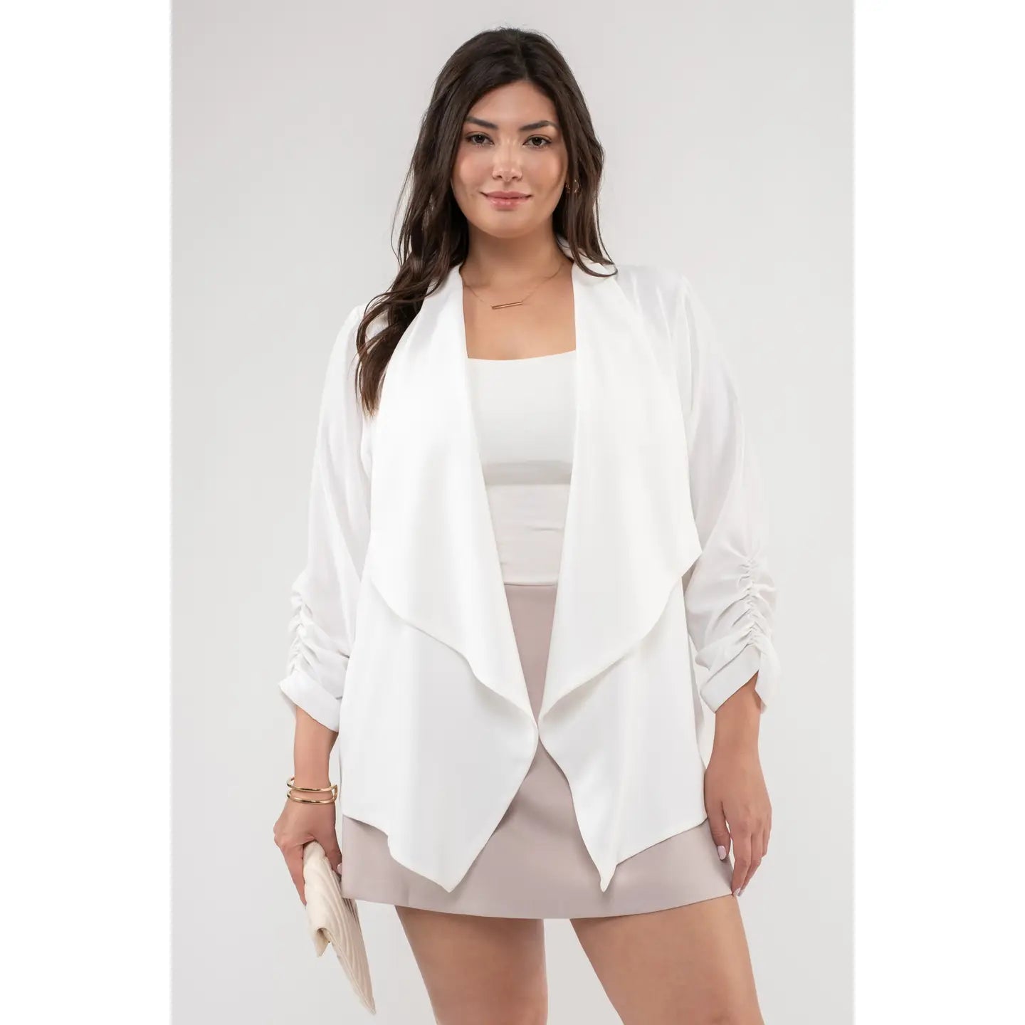 Off White 3/4 Rouched Sleeve Blazer