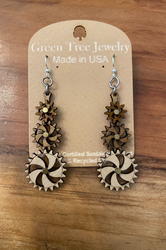 Wood Moving Gear Dangle Earrings